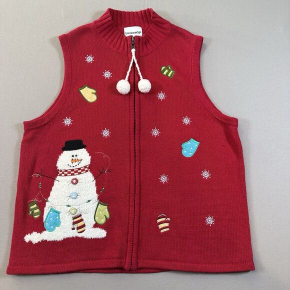 90s Breckenridge Snowman Christmas Sweater Vest Large Red Frosty Pom Poms - Picture 1 of 3